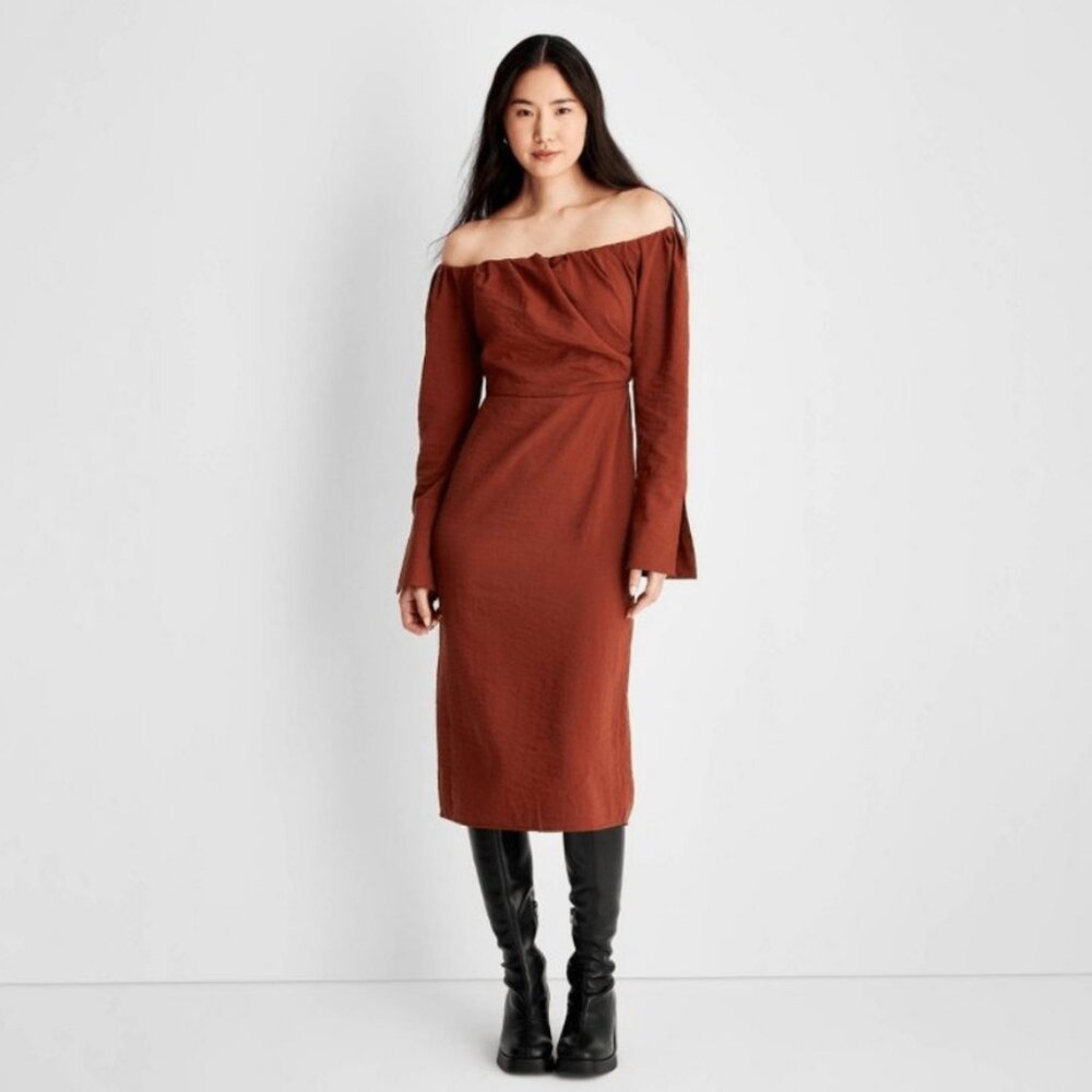 Future Collective Reese Blutstein Rust Red Off Shoulder Midi Dress 10